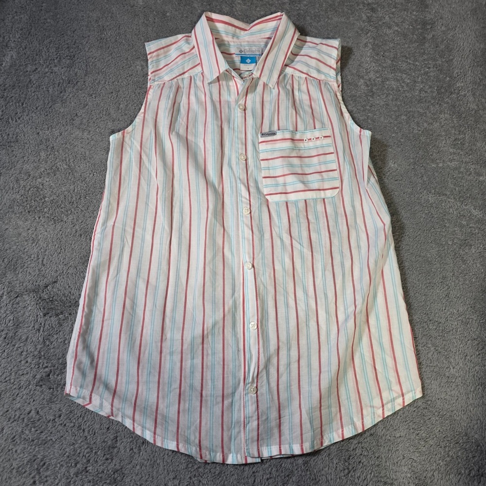 Columbia‎ Womens S PFG Sleeveless Button Up Shirt White Red Blue Striped Vented